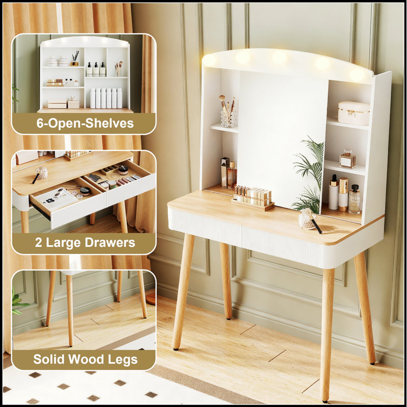 Petit bureau de coiffeuse avec miroir coulissant, lumières DEL réglables et rangement de grande capacité pour le maquillage et les accessoires