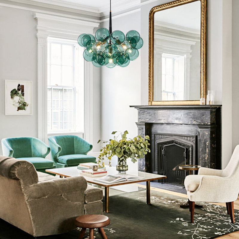 6 - Light Sputnik Sphere Blue Glass Bubble Chandelier, Green
