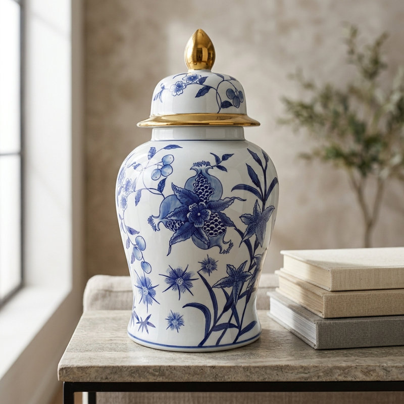 Noa Modern Blue and White Floral Ceramic Ginger Jar with Removable Lid