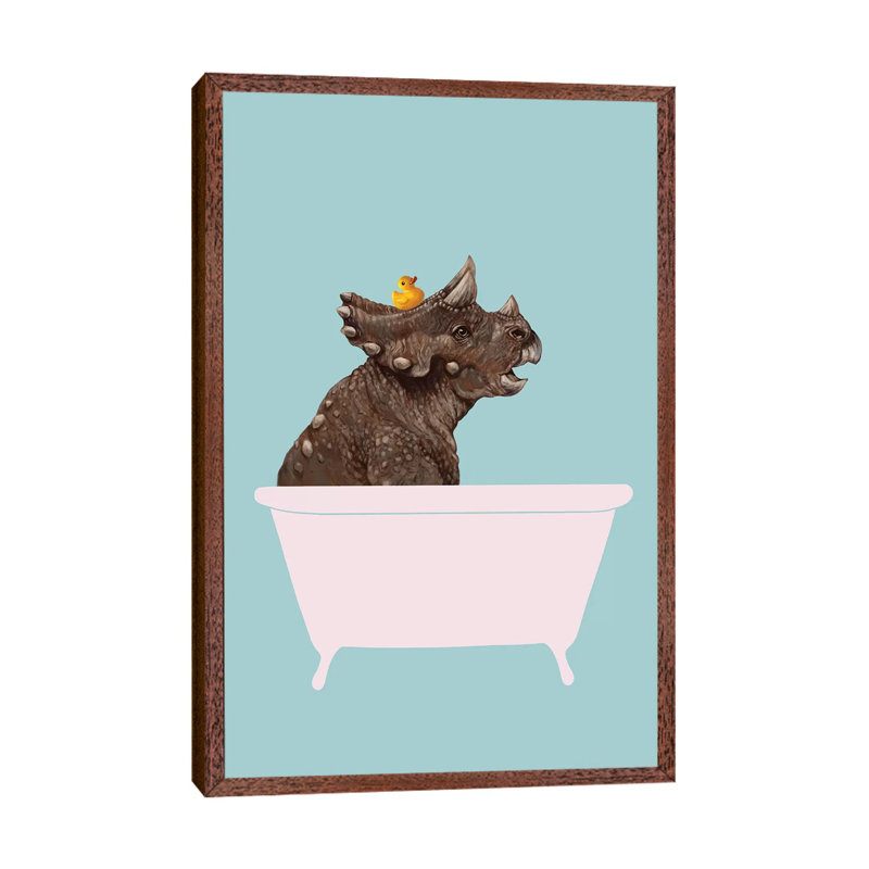 Triceratop In Bathtub by Big Nose Work - Print on Canvas, 66.04 cm H x 45.72 cm W, Classic Brown Wood Framed Canvas