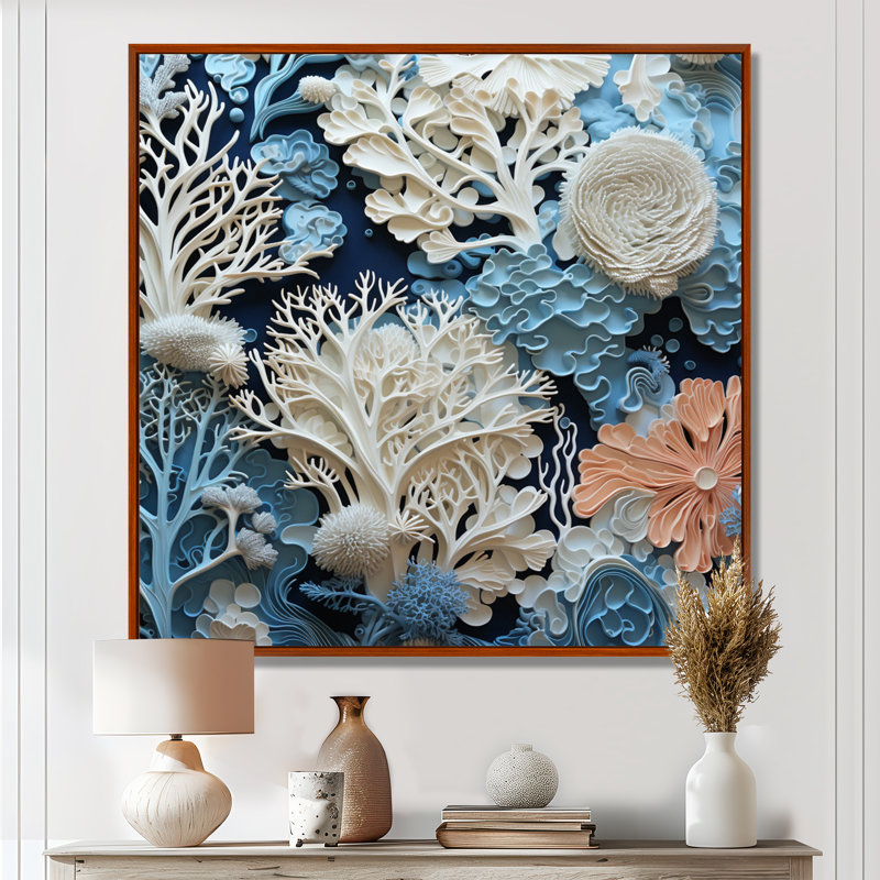 Under Water Blue and White Corals Collage I - Coastal, reproduction sur toile encadrée, H 16 po x l 16 po x P 1 po