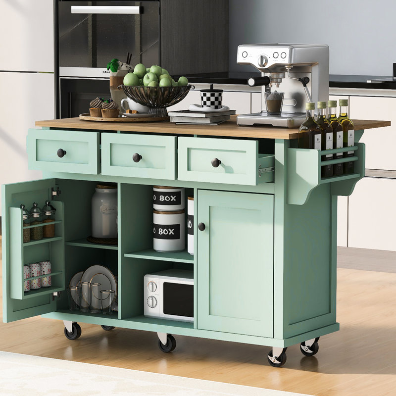 Îlot de cuisine sur roulettes avec tablettes réglables et abattant, comptoir de rangement en bois d'hévéa, 5 roulettes, 3 tiroirs, tablette à usages multiples