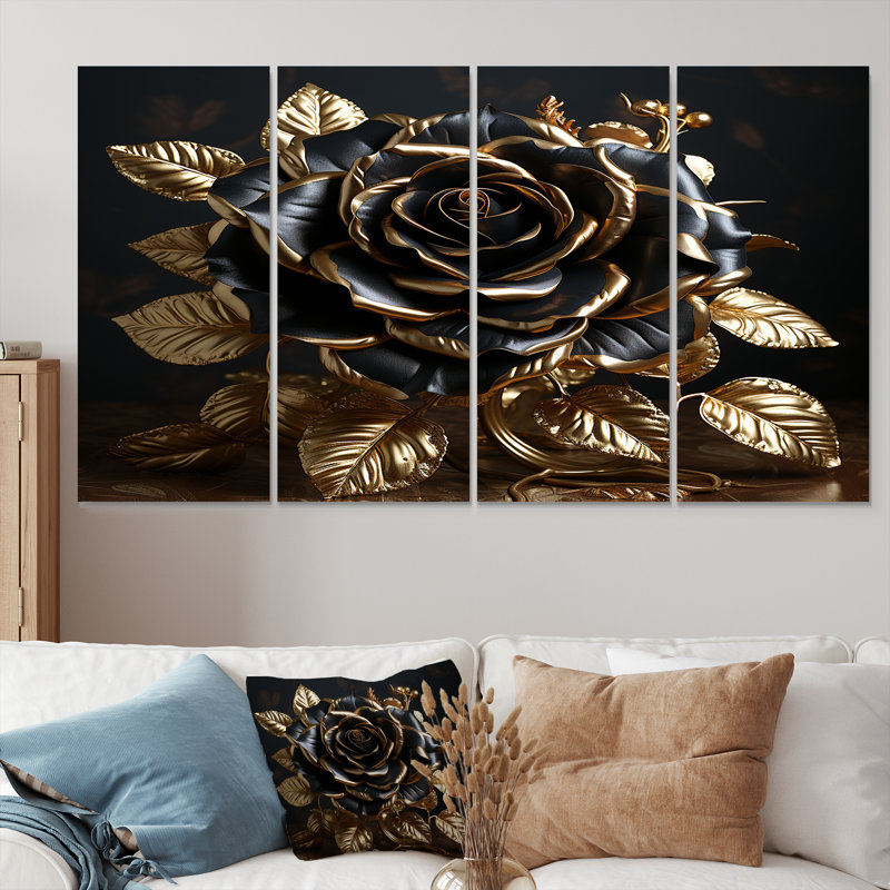 «Black Gilded Rose Golden Glam Leaves» - ensemble d'art mural 4 pièces, H 32 po x l 64 po