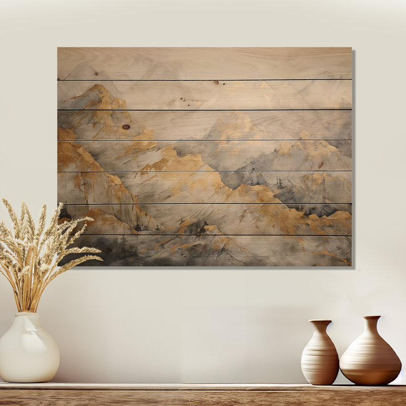 «Bold Beige and Gold Mountain Glacier», art mural bois de forêt sur bois de pin naturel, H 30 po x l 40 po