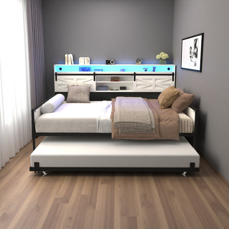 Twin Daybed With Trundle, With Sliding Barn Door Headboard And Charging Station & LED Light For Bedroom And Guest Room