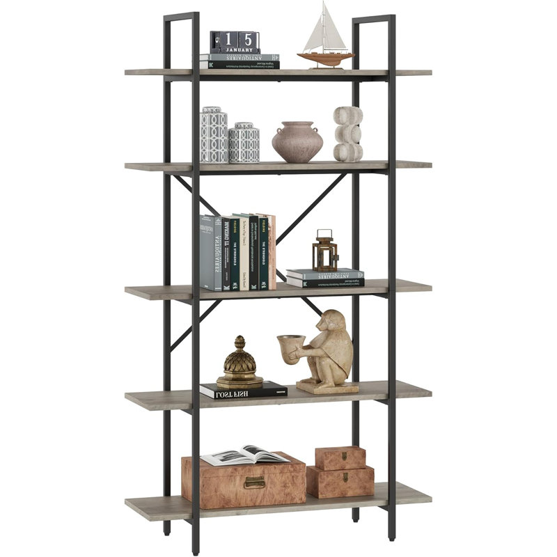 Bookshelf, 5 Tier Shelf Bookcase, Tall Bookshelf with Storage, Grey