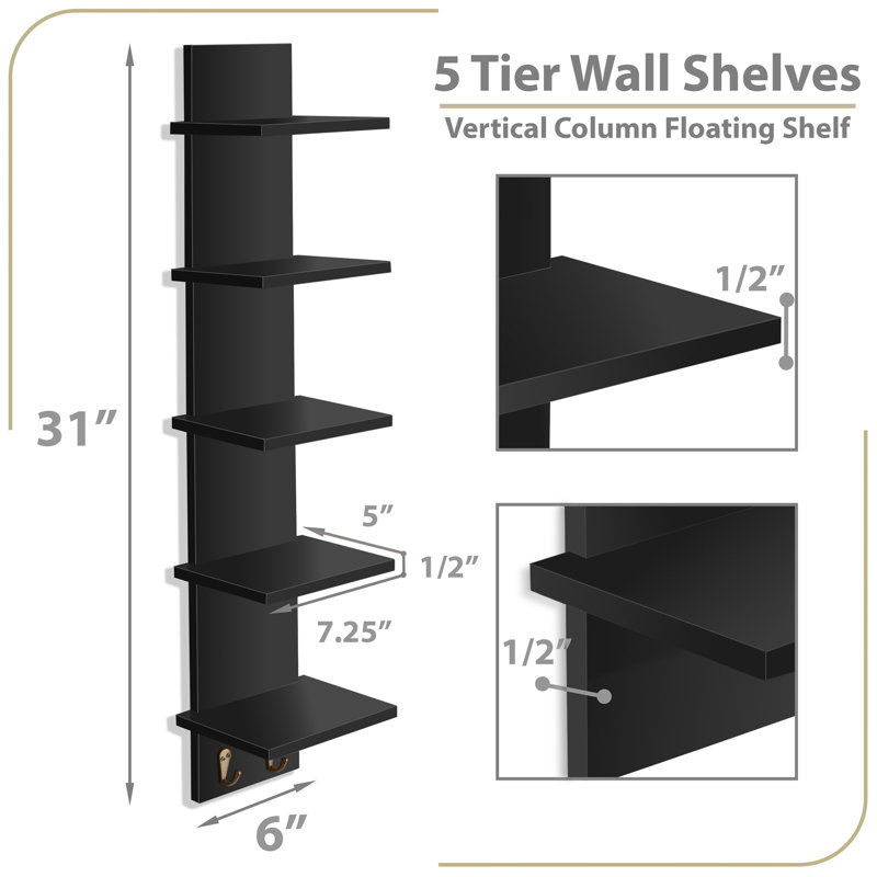 Sorbus 5 Tier Wall Shelf Unit with Hooks Set of 2, Vertical Column Utility Shelving for Home Decor and Storage, Black, Black