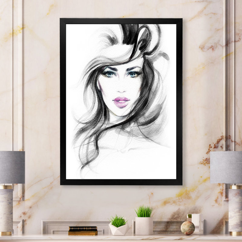 Portrait de femme glam noir et blanc - Art mural sur toile glam, Impression noire sur toile encadrée