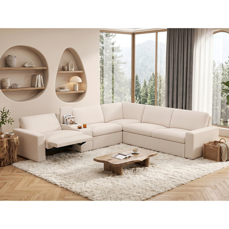 6 Piece Modern Corduroy L Shaped Power Reclining Sectional Couch With Storage & Wireless Charging
