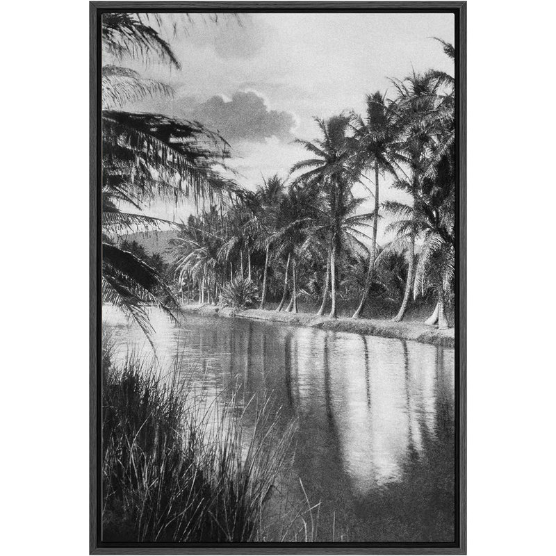 Vintage Black and White Palm Trees Canvas Print with Black Frame