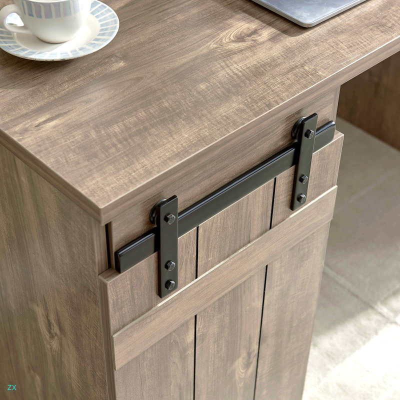 Home Office Desk Hazelnut One Cabinet Three Shelves Faux Barn Door On Metal Euro Hinges Modesty Panel