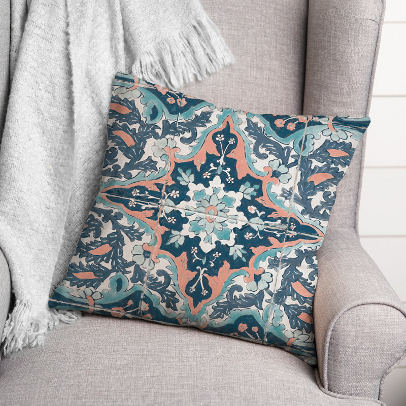 Mediterranean Green and Orange Polyester Square Throw Pillow
