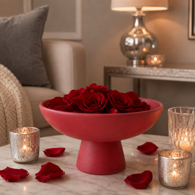 Cole and Grey Ceramic Red Large Decorative Bowl with Elevated Base