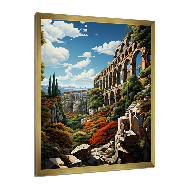 Espagne, aqueduc romain en segovin sur toile, H 20 po x l 12 po x P 1 po, Encadrement doré