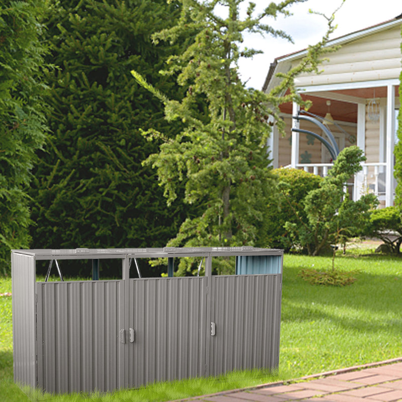 Metal Garbage Bin Shed, Grey - Holds 3 Trash Cans, Made Of Galvanized Steel, And Easy To Assemble Shed Stores Rot Corrosion, Use Clean
