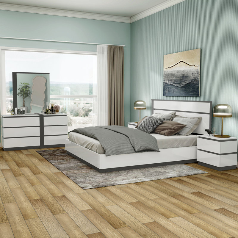 Arakawa 5-Piece Platform Bedroom Set, King, 5 Pcs: Bed, 2 Nightstand, Dresser, Mirror