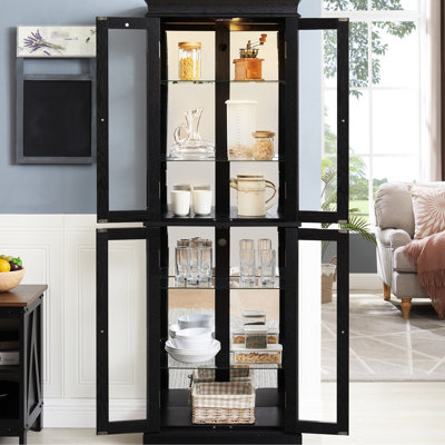 Bois noir éclairé - rangement en verre encadré avec charnière, tablettes réglables, rangement à six niveaux pour rangement à l'intérieur, éclairage, rangement, cloison