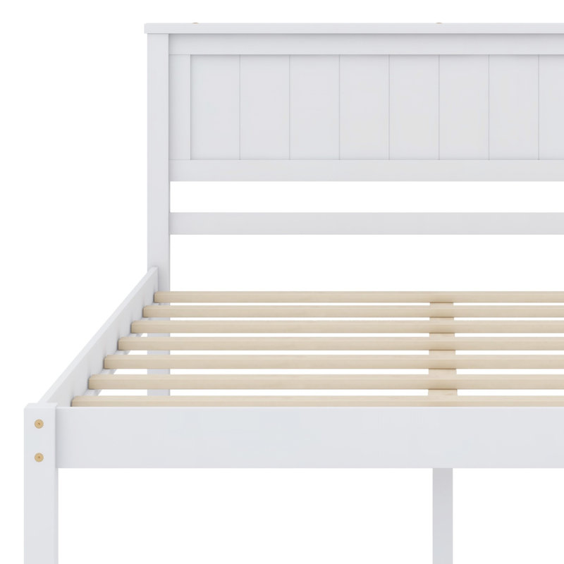 Structure de lit plateforme avec tête de lit, support en lattes de bois, Blanc