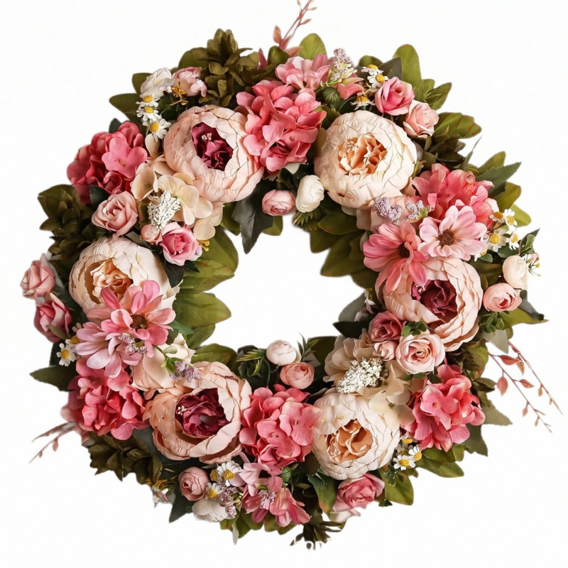 Couronne de pivoines 18 po Couronnes d'été pour porte d'entrée