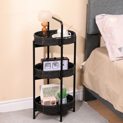 Table d'appoint ovale tissée à la main avec plateau amovible, idéale pour les pique-niques et le rangement des légumes dans la cuisine, format compact, noir, convient au rangement des fruits, forme adaptée.