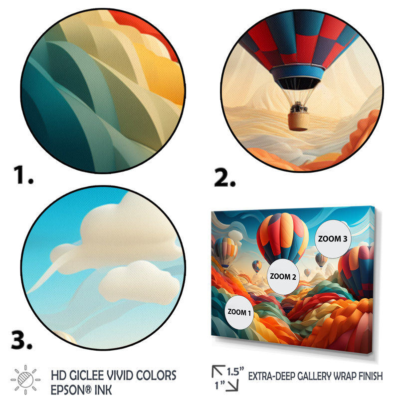 Red Hot Air Ballon I - Hot Air Balloon Canvas Wall Art, H 12 po x l 20 po x P 1 po, Cadre photo blanc