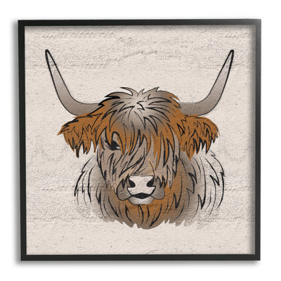 Stupell Industries Highland Cow Drawing By Martina Pavlova Single Picture Frame Print On Canvas In Midnight Black Framed Giclee