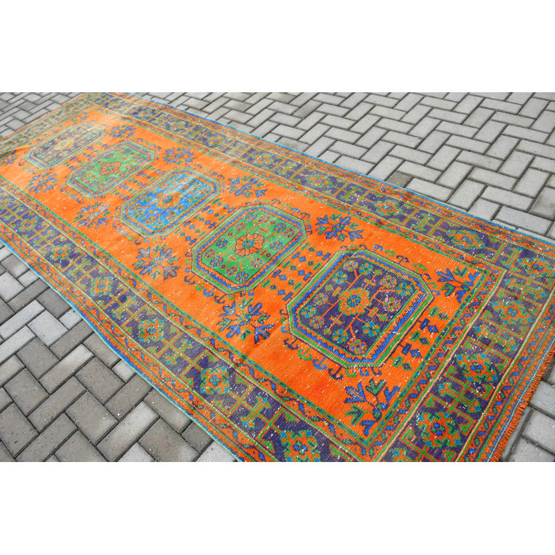 Tapis de couloir orange turc fait à la main avec motif géométrique de tapis pour un décor de couloir anatolien Boho