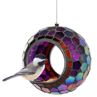 Huebner Mosaic Glass Fly-Through Hanging Bird Feeder, 1-Cup Capacity - Iridescent Purple