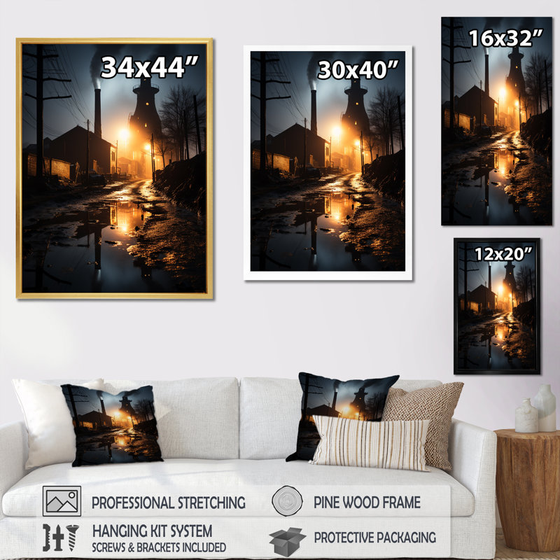 «Vintage Industrial Landscape I», reproduction sur toile, Cadre simple noir, H 44 po x l 34 po x P 1,5 po