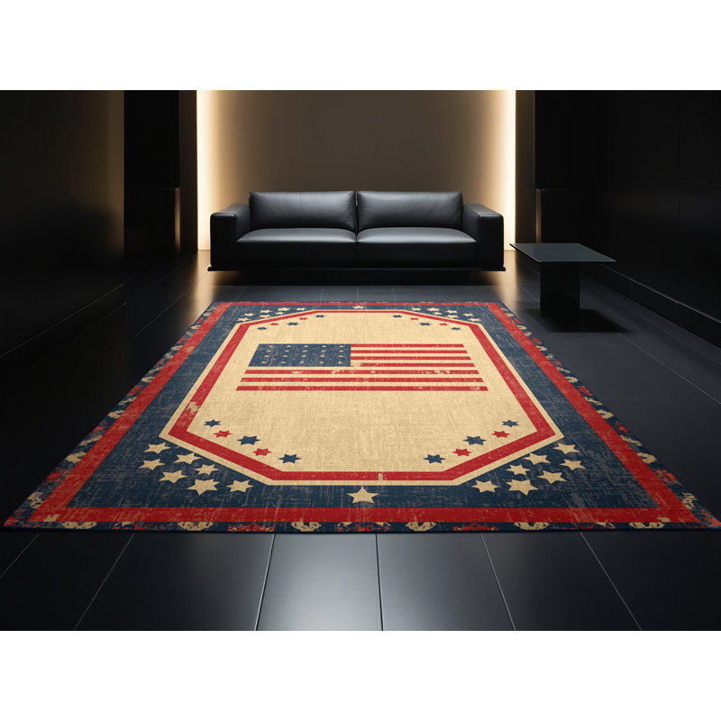 Machine Washable Collingswood July 4Th Modern & Contemporary Abstract Rug in Beige – Navy Binding, 2x5