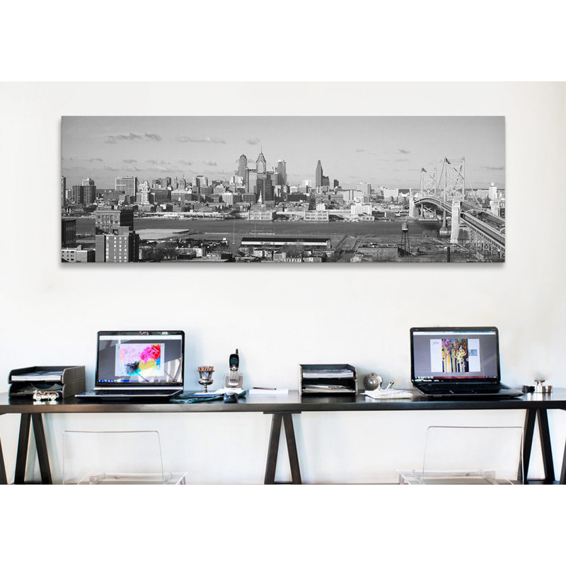 «Philadelphia Skyline Cityscape», reproduction de photo sur toile en noir et blanc, H 12 po x l 36 po x P 1,5 po