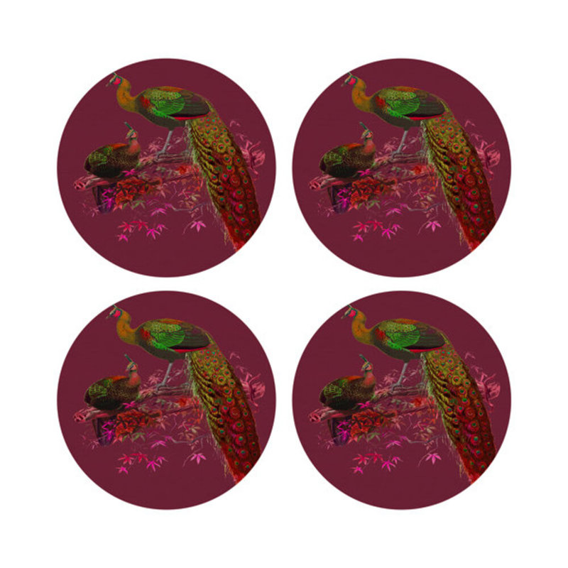 Family Pheasants Vegan Leather Round Pebble Placemat, Pinot