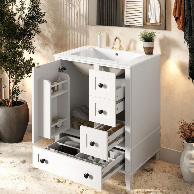 Meuble-lavabo moderne en bois blanc avec lavabo en céramique pour salle de bain compacte