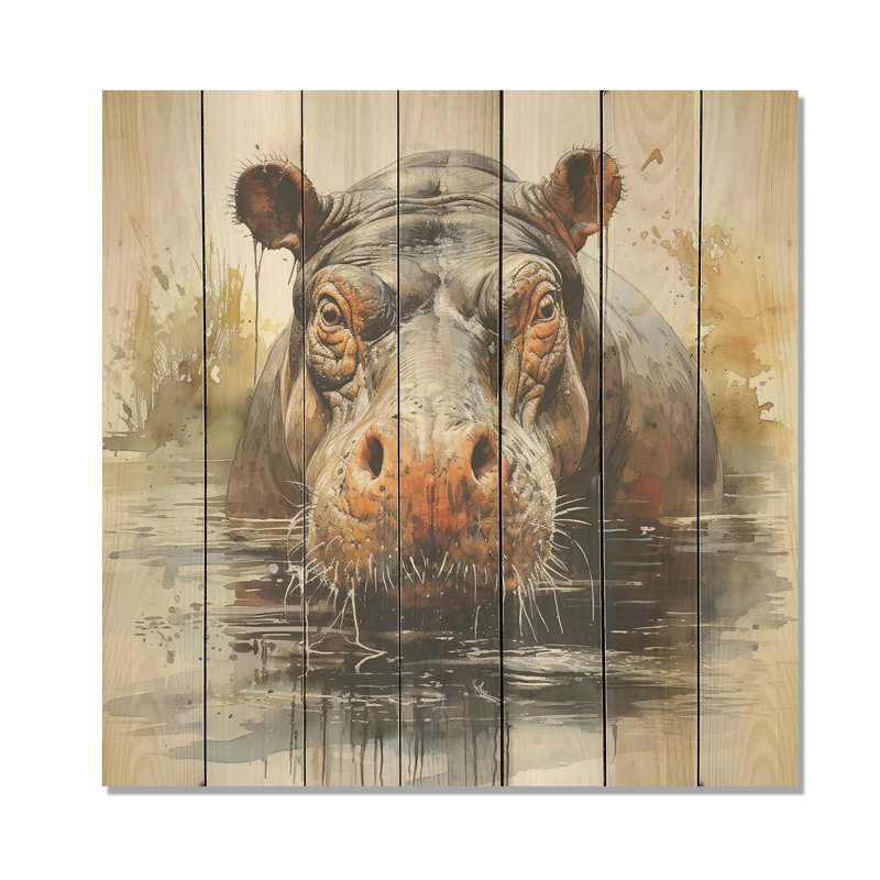 Hippopotame gris sur fond gris - Hippopotame sur bois, H 36 po x l 36 po