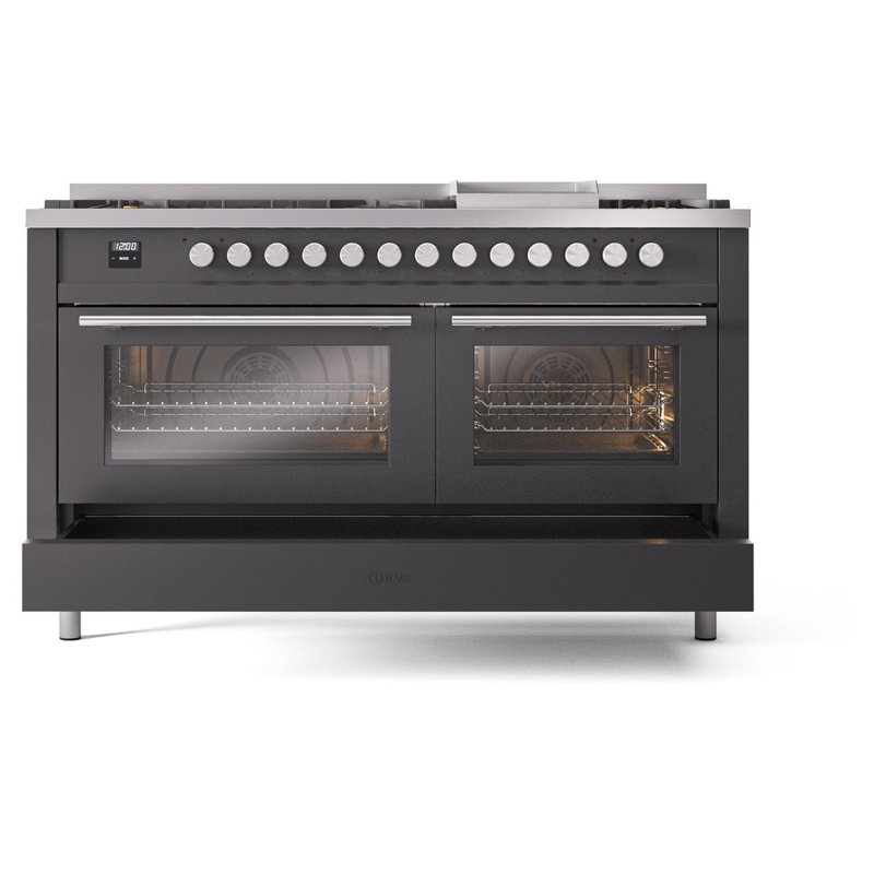 Cuisinière à double combustible ILVE Professional Plus II 60, 9 brûleurs scellés, plaque chauffante (graphite mat)