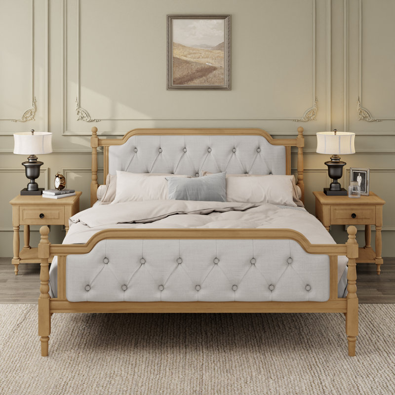 French Country Tufted Headboard Bed with Solid Pine Wood, Walnut, Queen