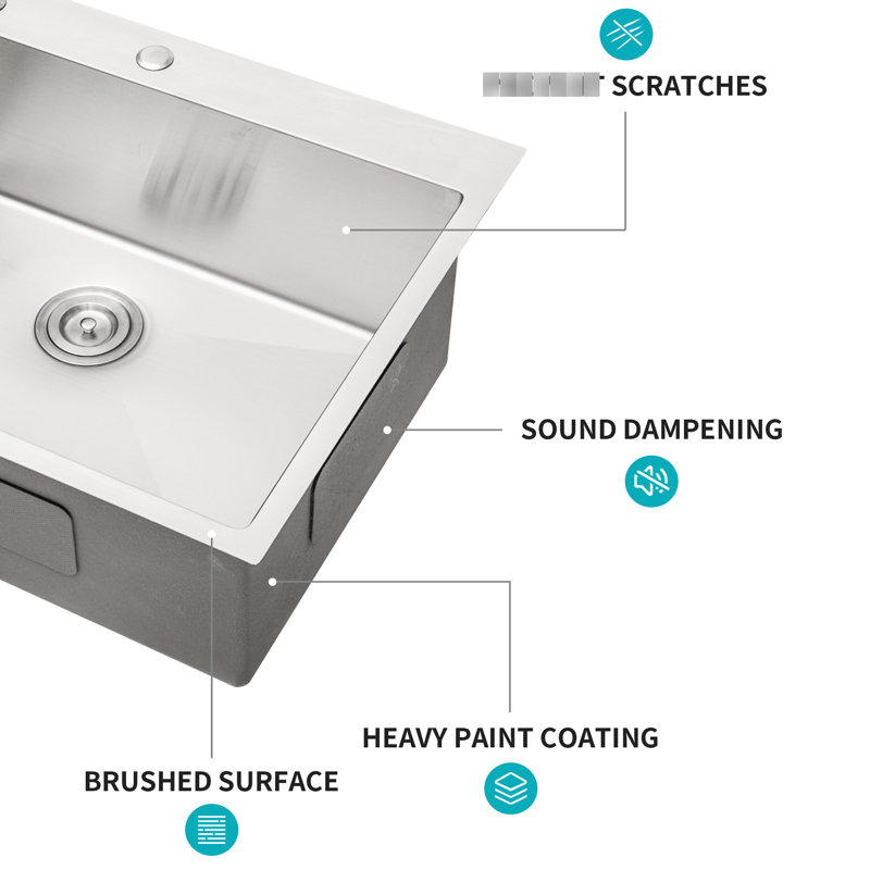33" Drop In Kitchen Sink: Stainless Steel, 22 Inch Width, Soundproof Bottom Single Bowl Topmount 10 Depth, Noise Padding