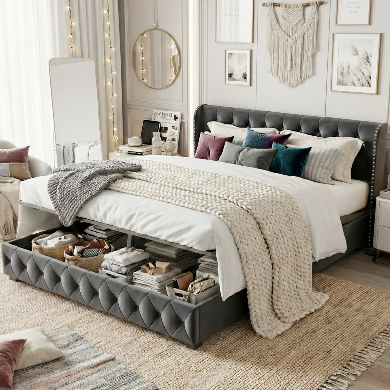 EU Double & King (140/160X200cm) Luxury Velvet Hydraulic Ottoman Bed, Storage Frame With Wingback Button Tufted Headboard, Dark Grey 