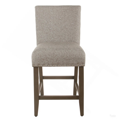 Tabouret de comptoir en tissu rembourré en bois avec garniture cloutée, gris et brun
