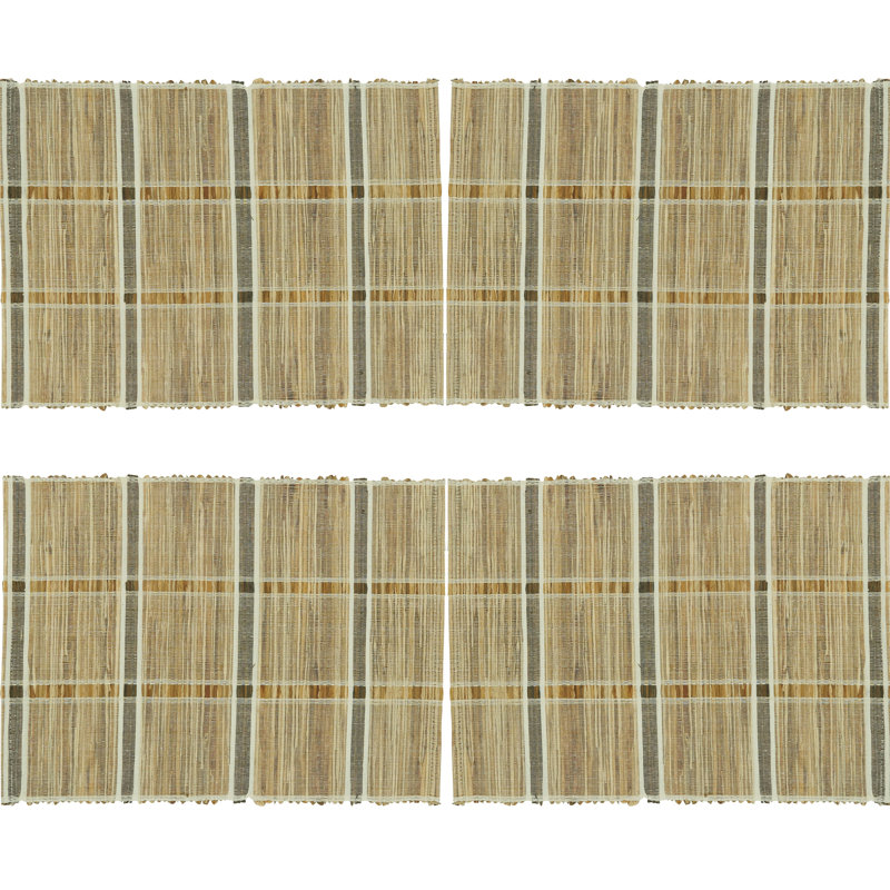 Natural Beige Striped Water Hyacinth and Polyester Rectangle Placemats, Set of 4