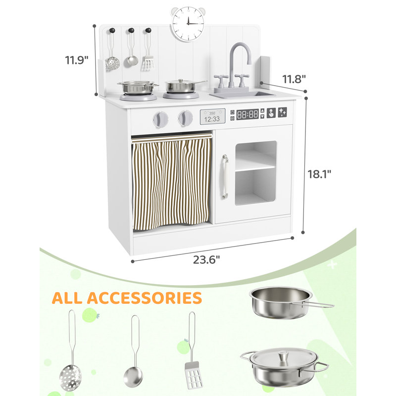 Kids Kitchen Playset With Ample Storage, Interactive Play Kitchen With Simulated Gas Tray, Sink, Faucet, 6 Pcs Cookware, Educational Clock For Toddlers(White)