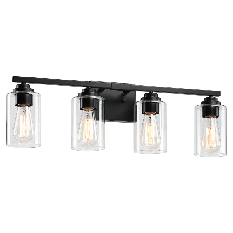 Luminaire de salle de bain à 4 lumières à intensité variable noir mat avec abat-jour en verre transparent 27,09 po, Noir mat