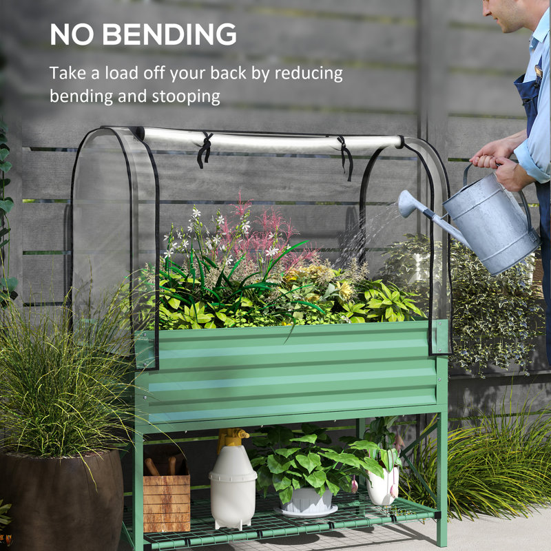 Green Galvanized Steel Raised Garden Bed with Cover and Storage Shelf