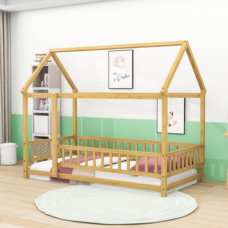 Lit sur pied en bois avec cadre de toit Huot, Simple, Naturel