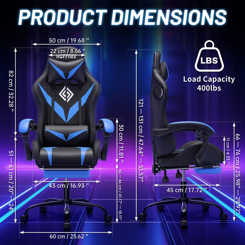 Hoffree Massage Ergonomic Gaming Chair with Bluetooth Speakers and RGB LED Lights, Blue/Black