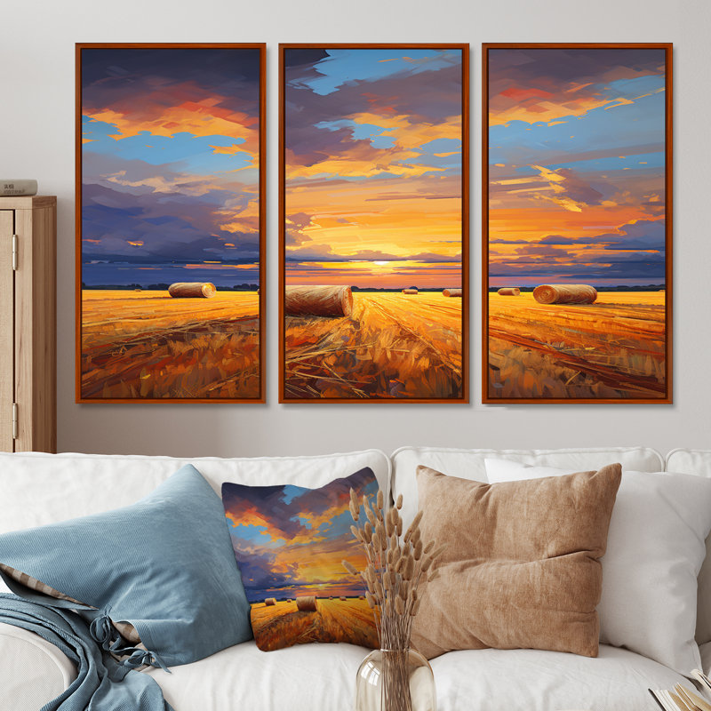 «Straw Bales On The Summer Sunset», ensemble d'art mural prairies, H 40 po x l 60 po x P 1 po, Cadre flottant brun