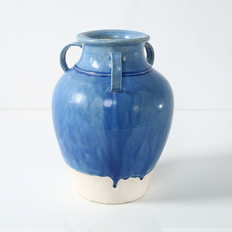 Approx. 11 Inches High Blue-Green Vase with Three Handles (4.7" Opening)
