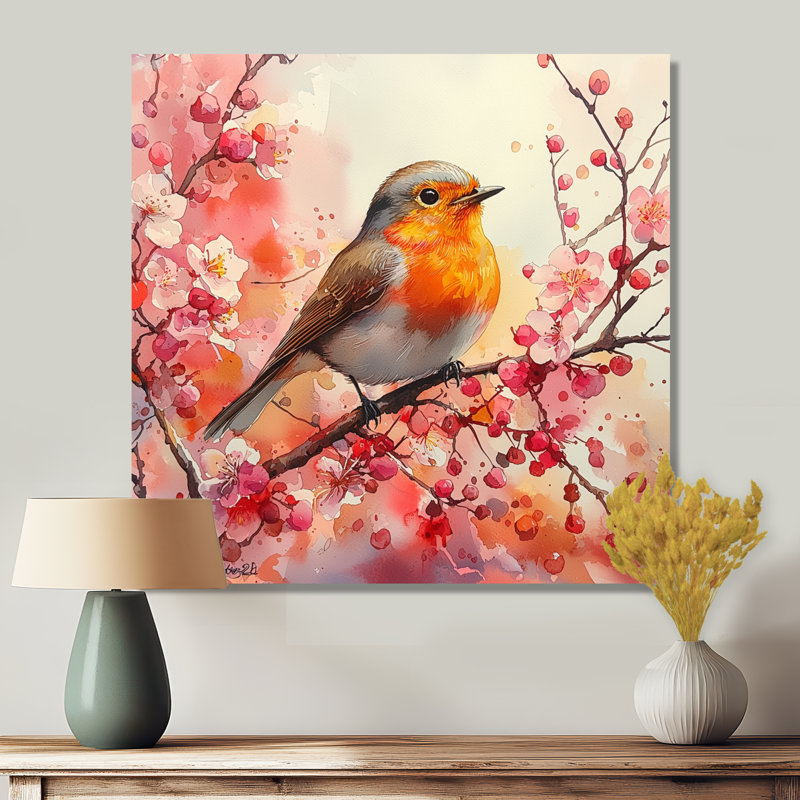 «Robin Bird In The Spring Blossoms I» - Impression sur métal, H 16 po x l 16 po