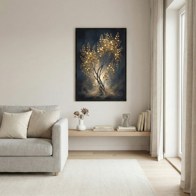 Art mural sur toile noir encadré pour le salon, la chambre à coucher, le bureau ou le vestibule - décoration murale décorative avec arbre doré