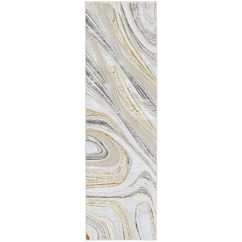 Tapis abstrait en polyester tissé à la machine Blerona gris / or / argent, Tapis de couloir 2 pi 3 po x 7 pi 6 po